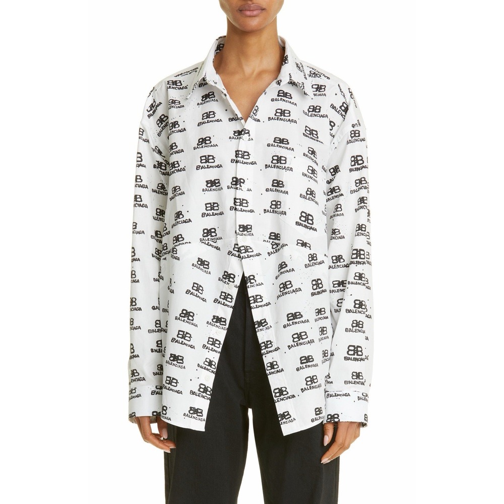 Balenciaga White/Black BB Logo Button Swing  Cotton Poplin Shirt Women Size 34